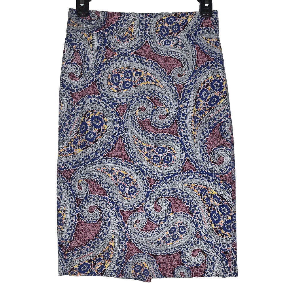 J. Crew No. 2 Pencil Skirt Blue Pink Paisley High Rise Lined Cotton Blend Sz 00